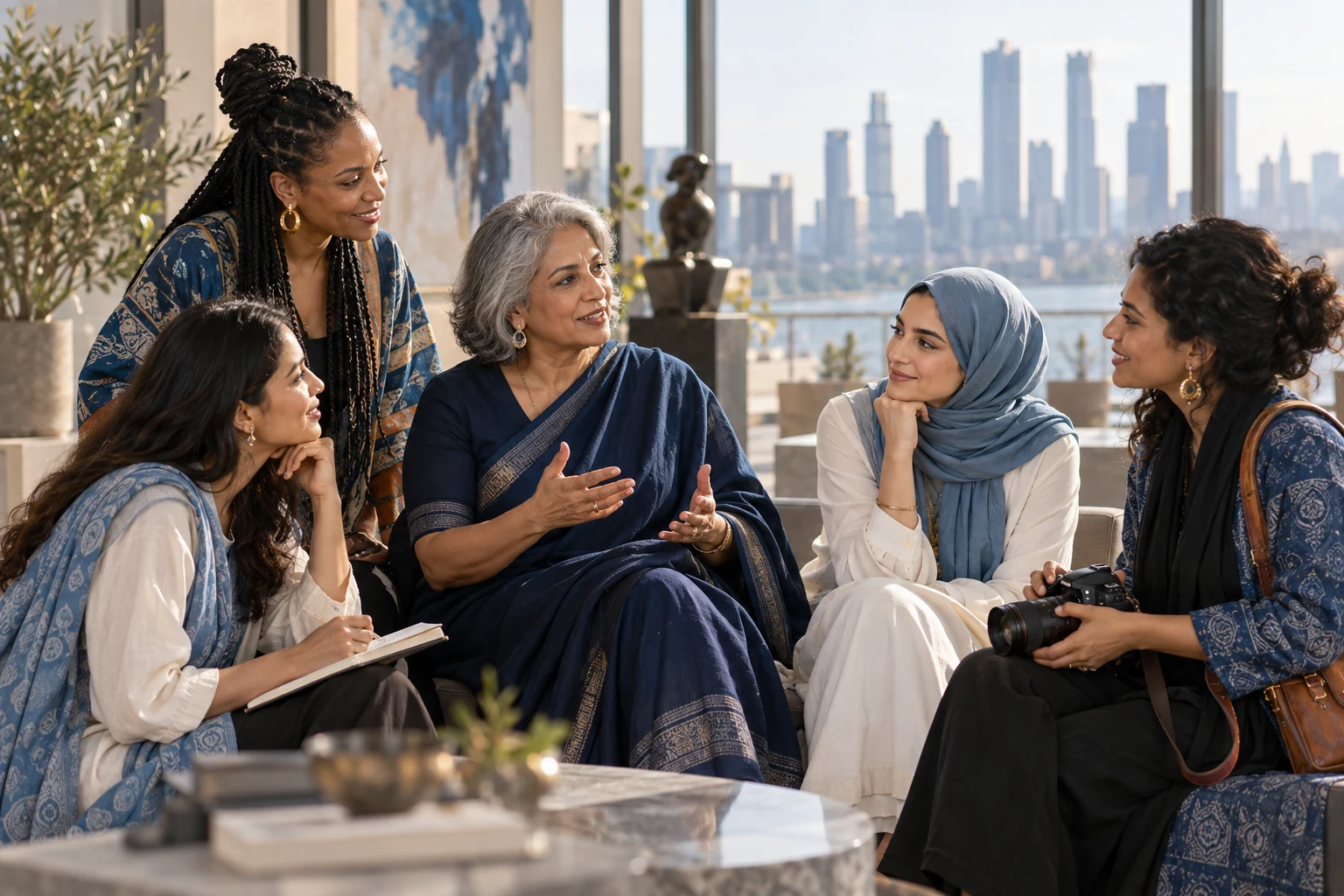 Concept illustration of women across generations exchanging ideas for WOW — Women of Wonders